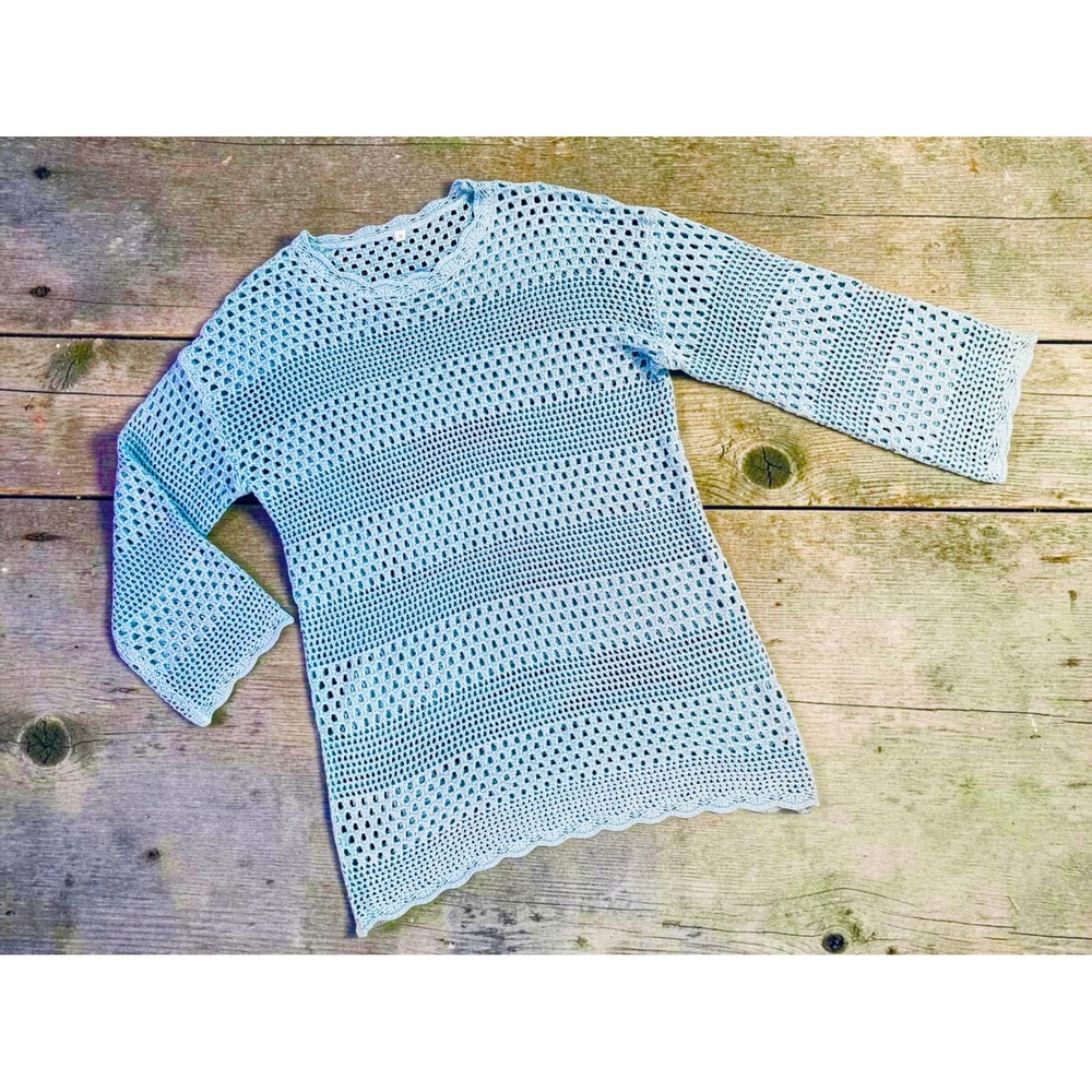 Women's M Light Blue Crochet Open Knit Bell Sleeve Sweater Boho